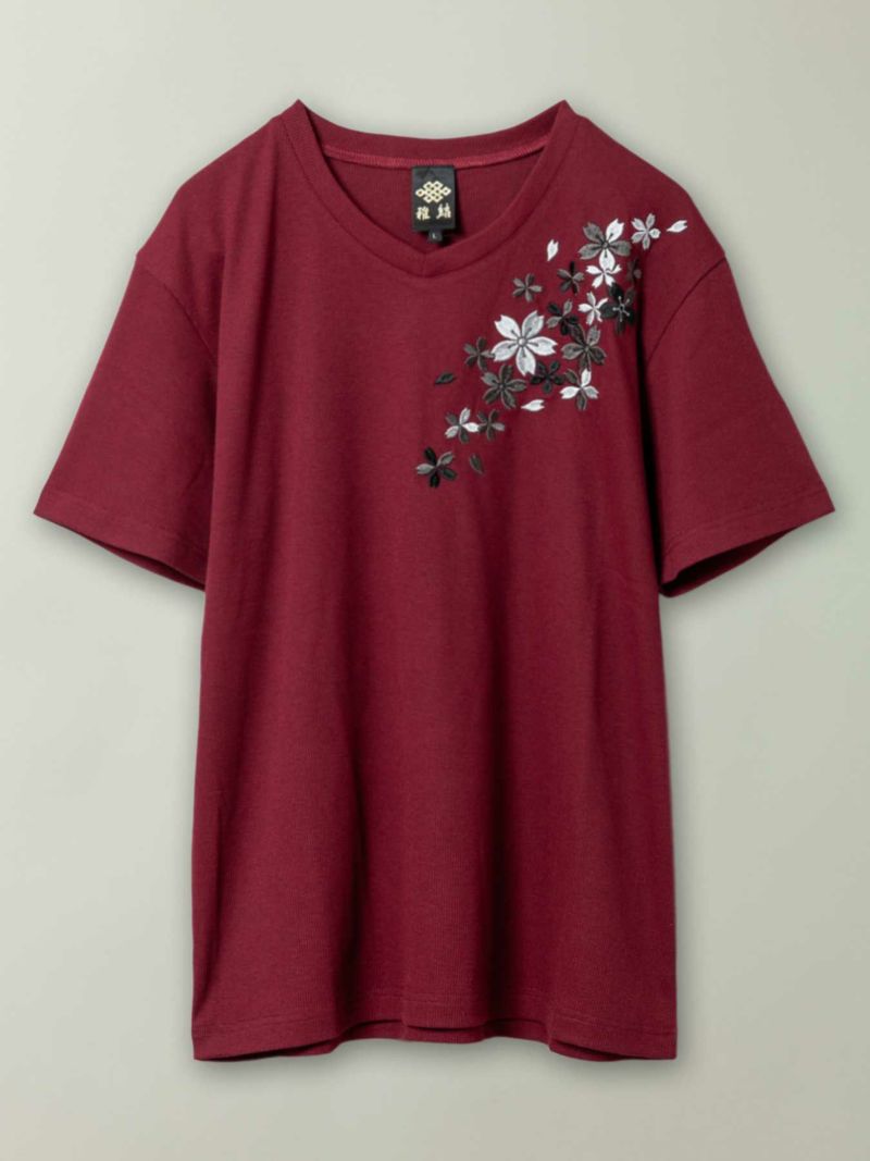 【雅結】桜刺繍テレコ素材VネックTシャツ