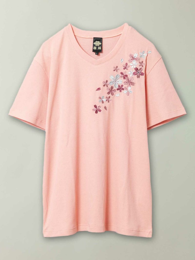 【雅結】桜刺繍テレコ素材VネックTシャツ