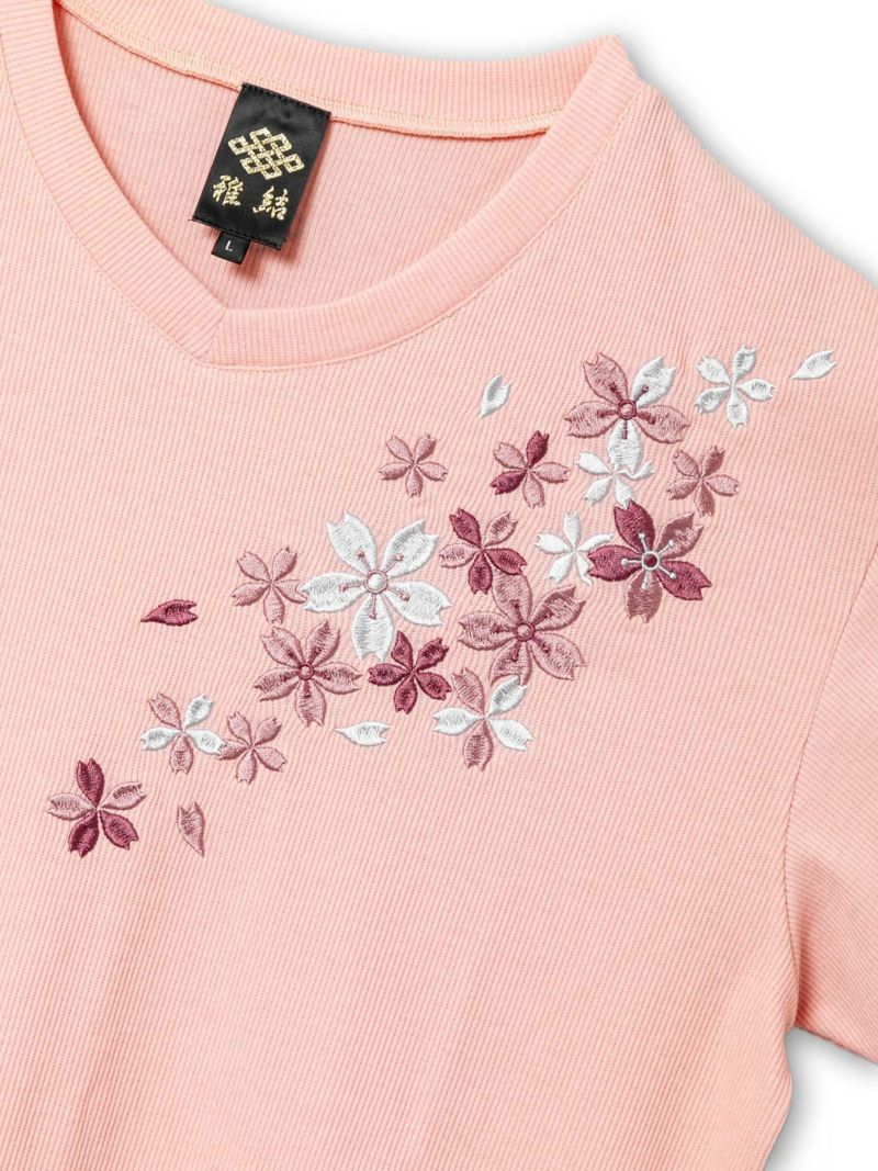 【雅結】桜刺繍テレコ素材VネックTシャツ