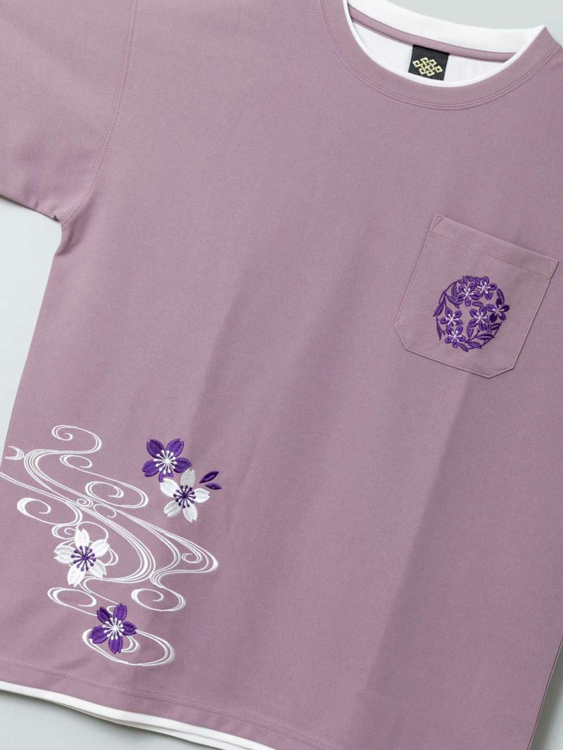【雅結】桜流水刺繍カルゼ生地ポケットTシャツ