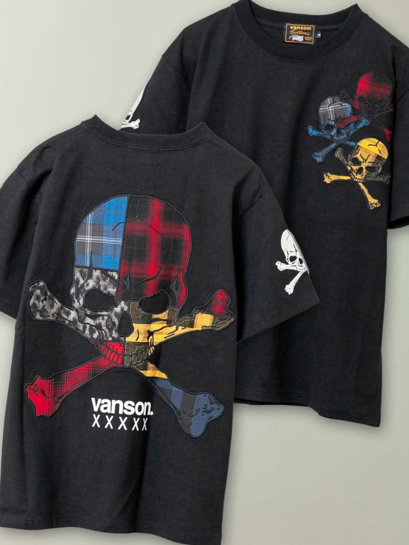 【VANSON】“パッチワークスカル”刺繍入りTシャツ＜50周年記念モデル＞
