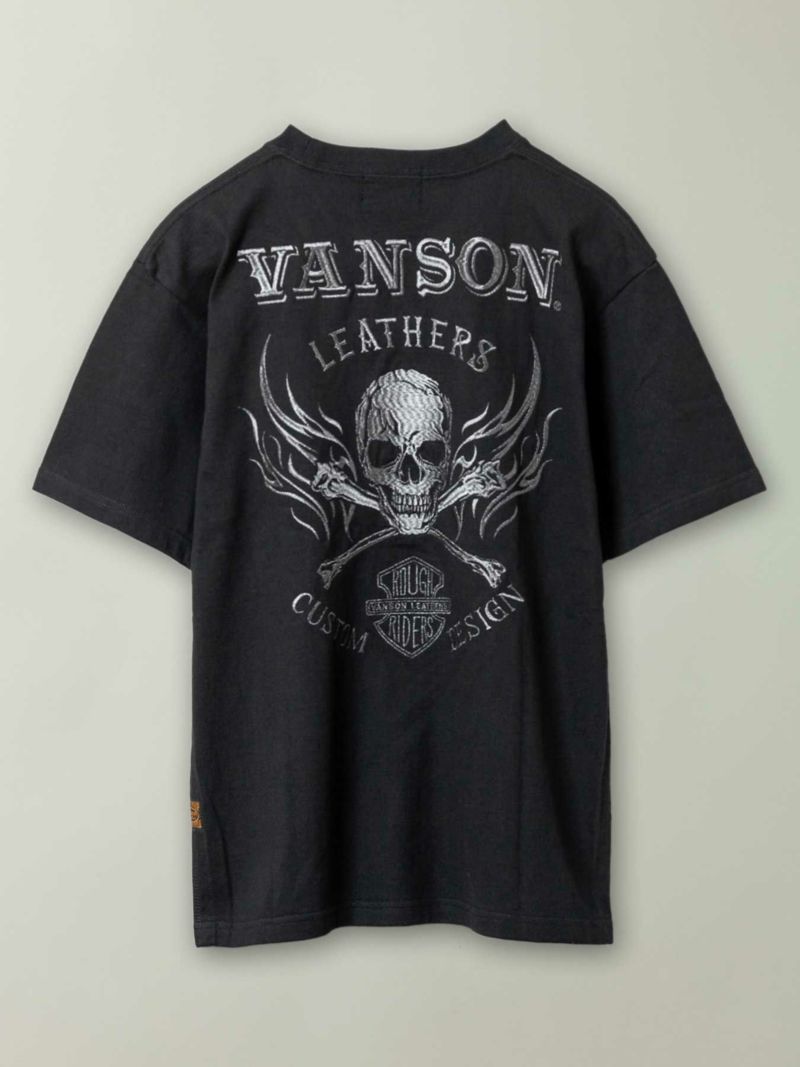 【VANSON】“スカルファイヤー”モノトーン刺繍Tシャツ