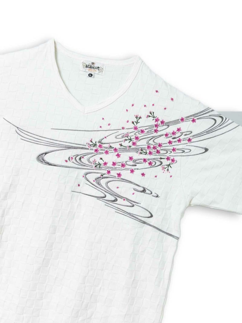 【絡繰魂】“桜流水”総刺繍ブロックジャガードVネックTシャツ