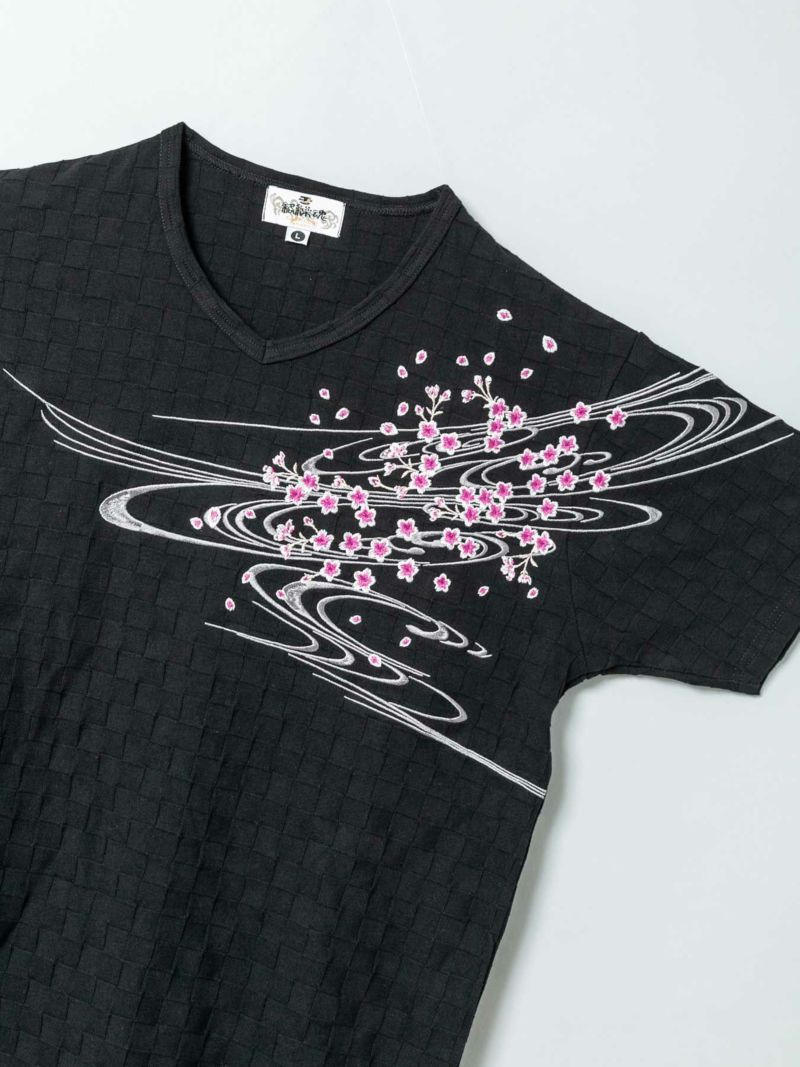 【絡繰魂】“桜流水”総刺繍ブロックジャガードVネックTシャツ