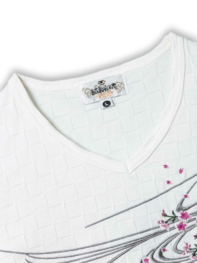 【絡繰魂】“桜流水”総刺繍ブロックジャガードVネックTシャツ