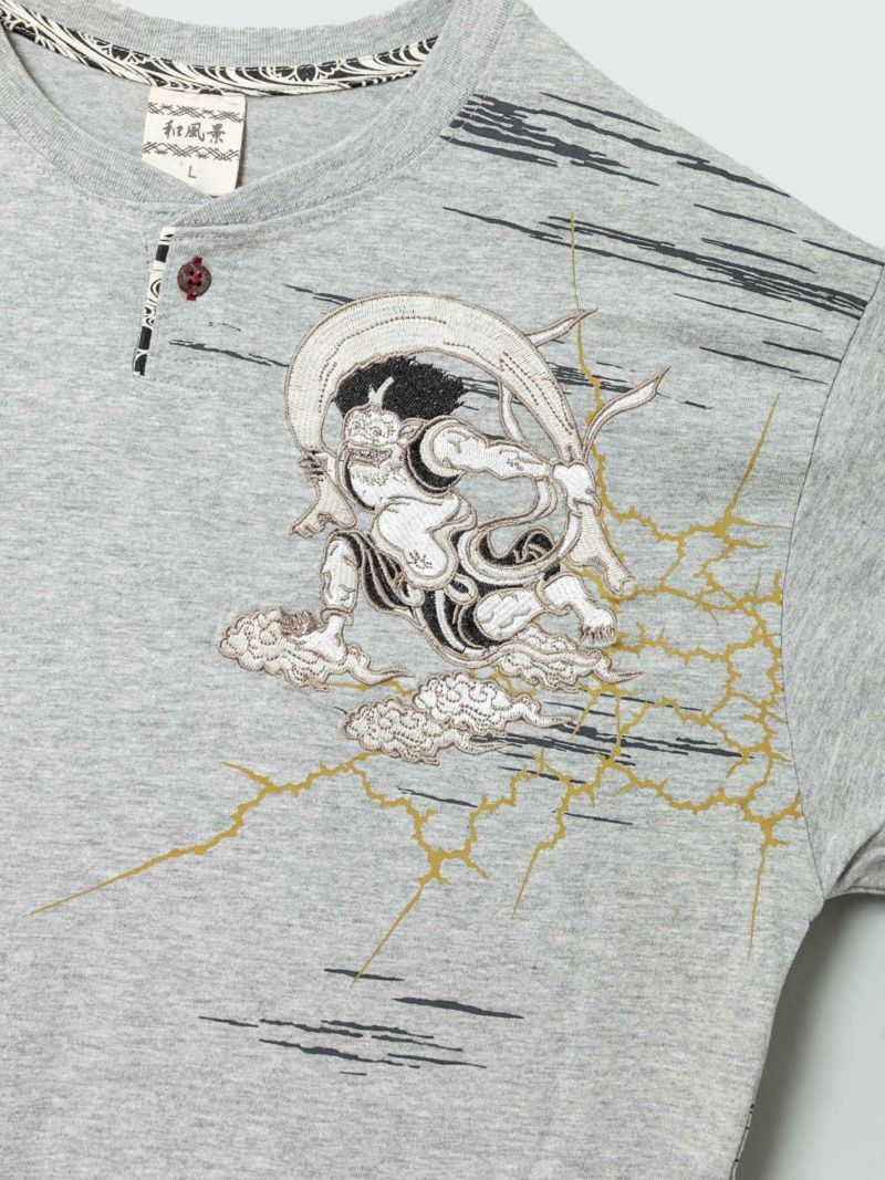 【和風景】“風神雷神”刺繍入りヘンリーネックTシャツ