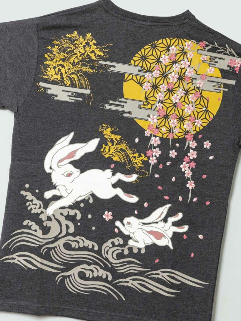 【和風景】“月兎”刺繍入りヘンリーネックTシャツ