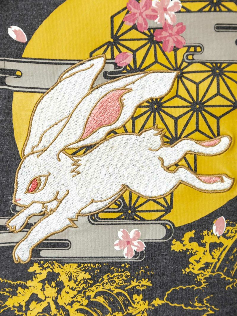 【和風景】“月兎”刺繍入りヘンリーネックTシャツ