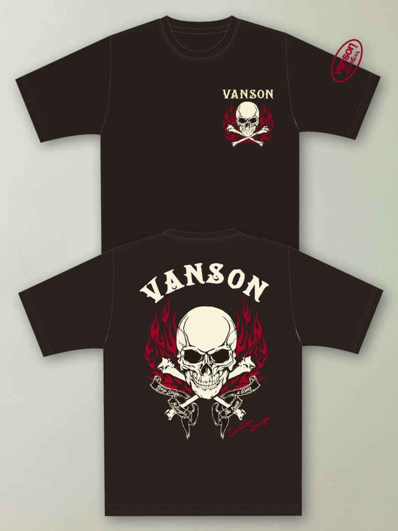 【VANSON】“スカルファイヤー”総刺繍Tシャツ〔別注:全国共通カラー〕