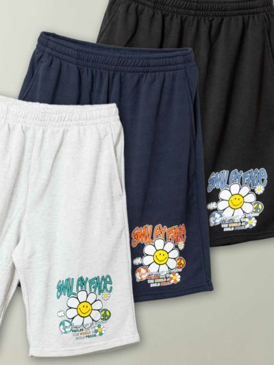 【SMILY FACE】<br>“フラワースマイル”プリント裏毛スウェットショーツ≪返品・取寄対応不可≫