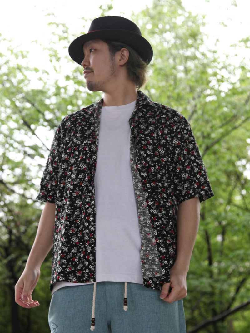 【浮雲】桜総柄プリント半袖開襟シャツ