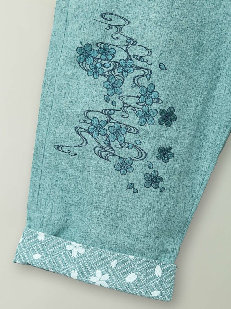 【雅結】桜流水刺繍シャンブレー素材クロップドパンツ