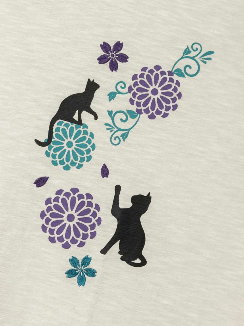 【雅結】“猫と玉菊”ピグメント加工Aラインイレヘムチュニック
