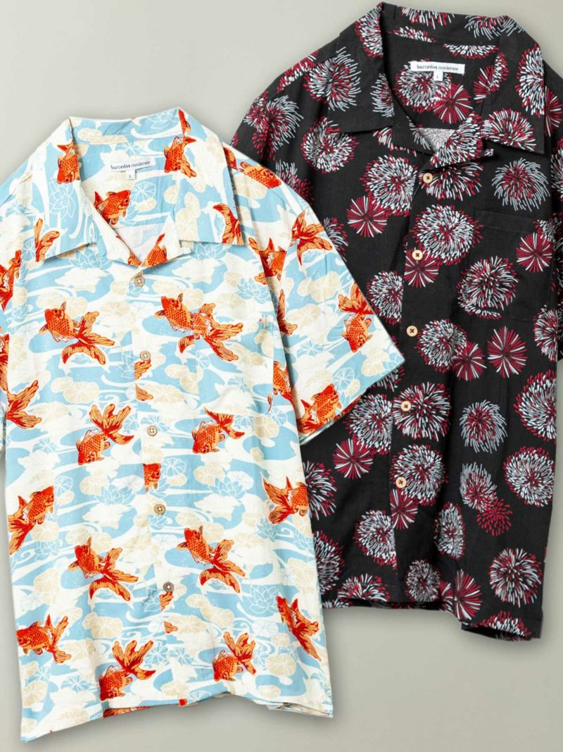 “花火／金魚”和柄プリントレーヨンアロハシャツ
