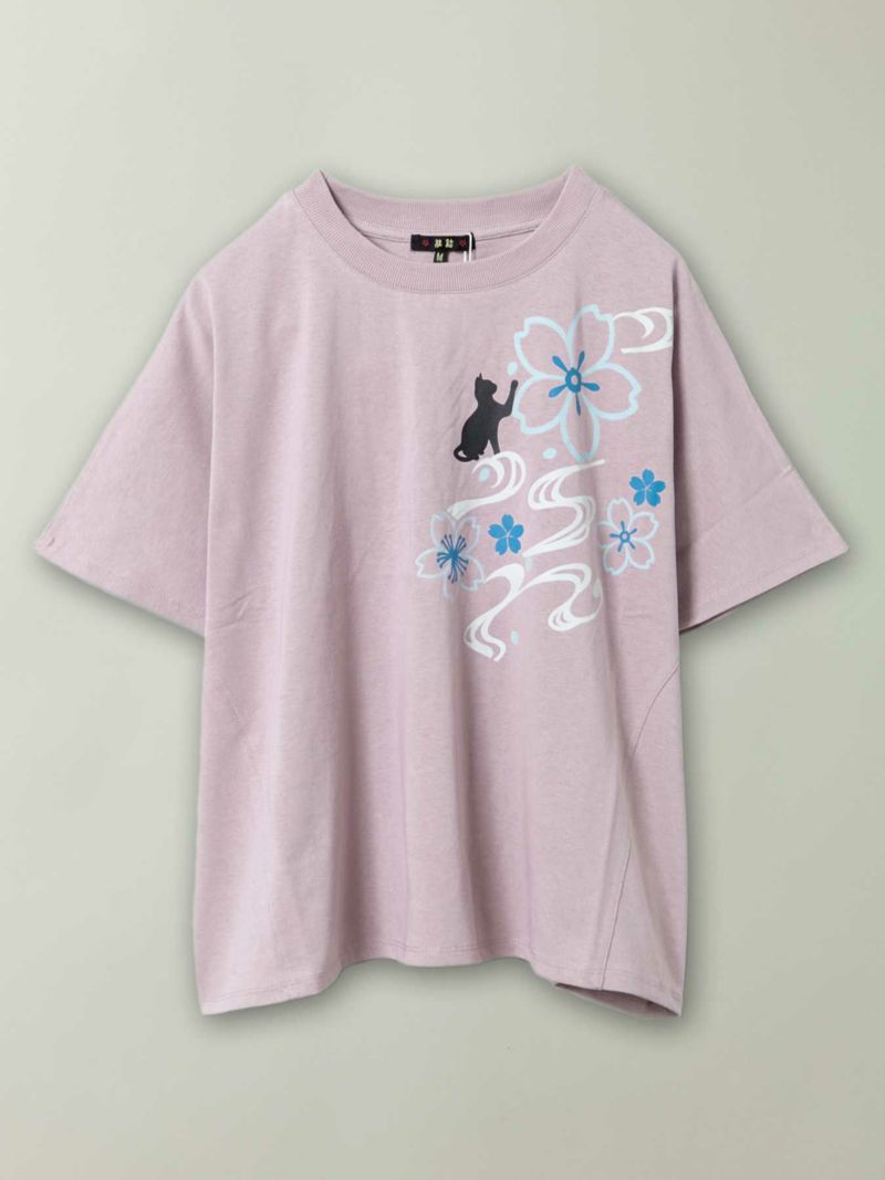 【雅結】桜流水と猫プリント ドルマンプルオーバー