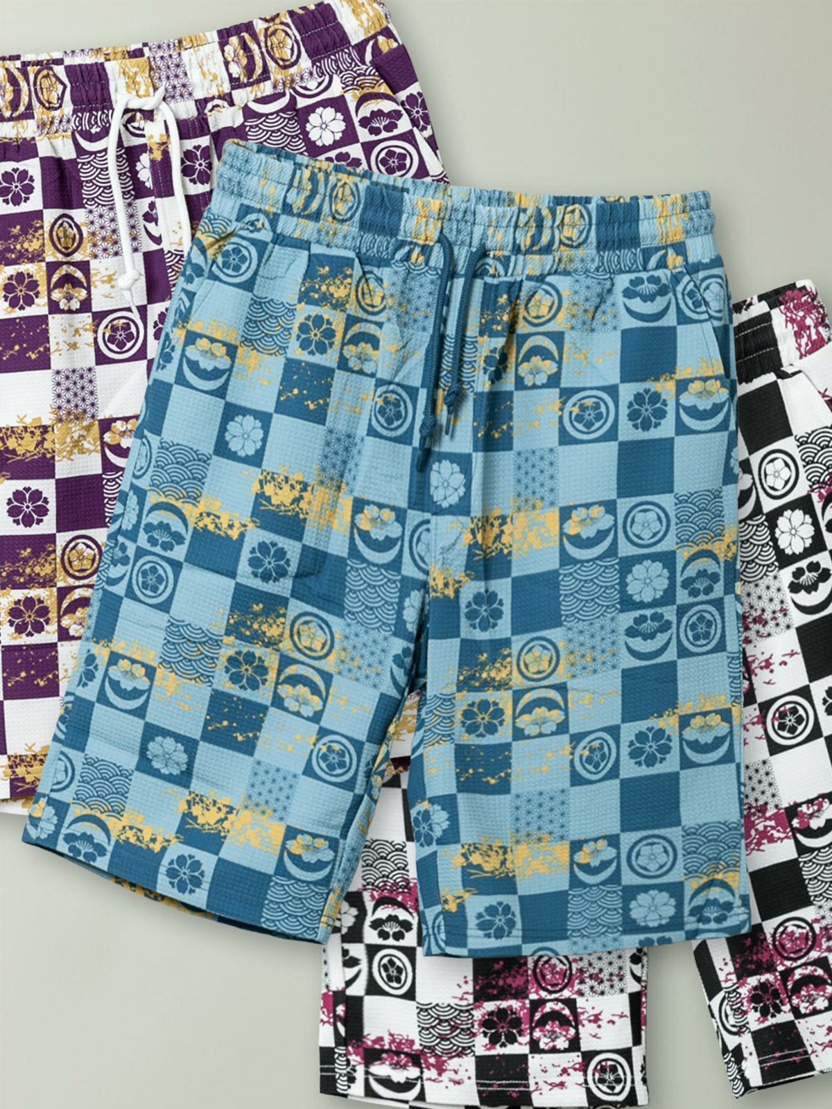 【新主己】“市松模様×家紋”総柄プリント ワッフル素材ショーツ