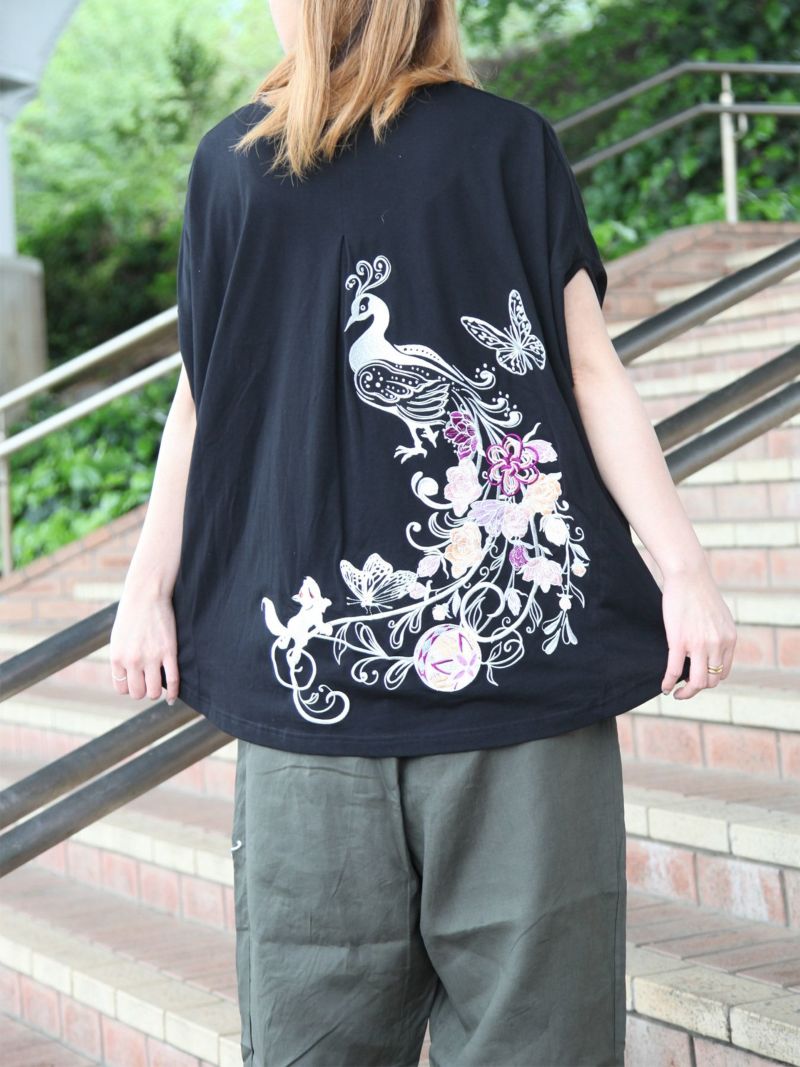 【今昔 -KON-JAKU-】“孔雀の花”総刺繍チュニックTシャツ