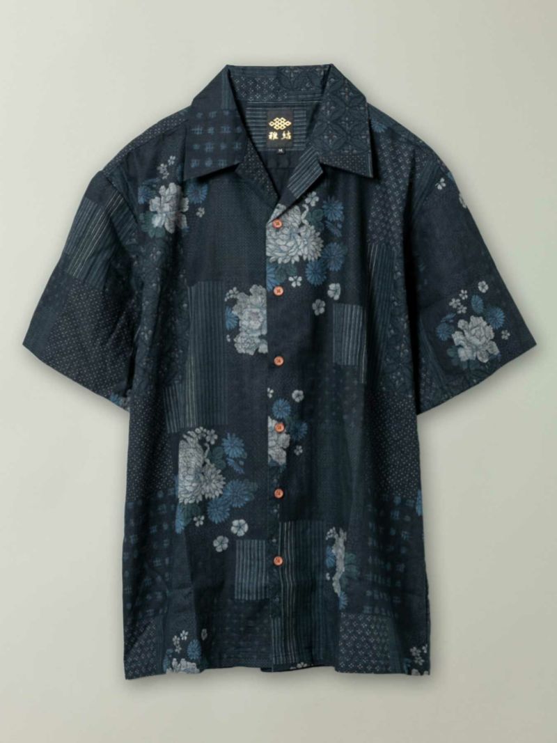 【雅結】和柄総柄プリント半袖開襟シャツ〔日本製〕
