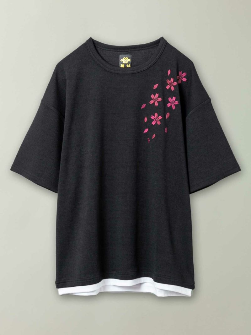 【雅結】桜刺繍フェイクレイヤードTシャツ