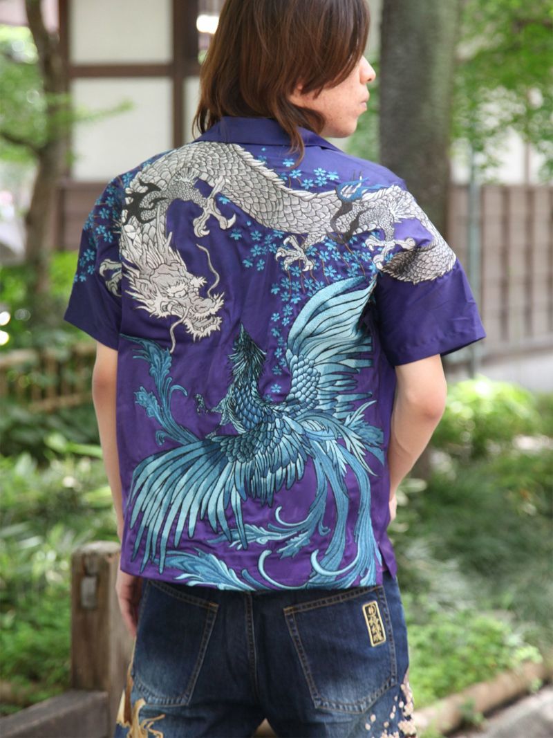 【絡繰魂・粋】“龍神VS鳳凰”グラデーションプリント刺繍入りアロハシャツ