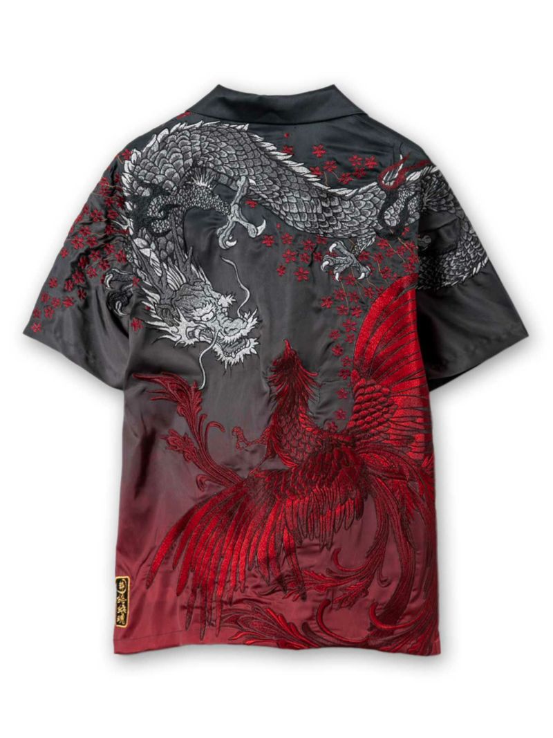 【絡繰魂・粋】“龍神VS鳳凰”グラデーションプリント刺繍入りアロハシャツ