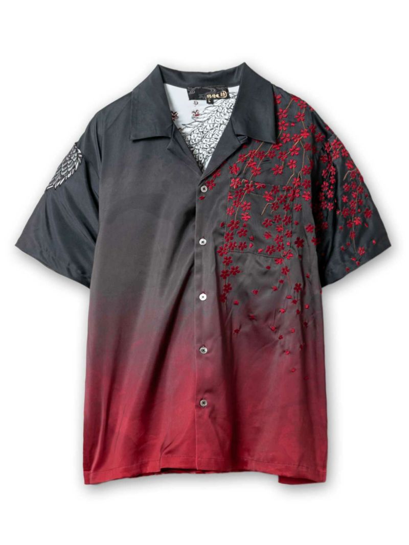 【絡繰魂・粋】“龍神VS鳳凰”グラデーションプリント刺繍入りアロハシャツ