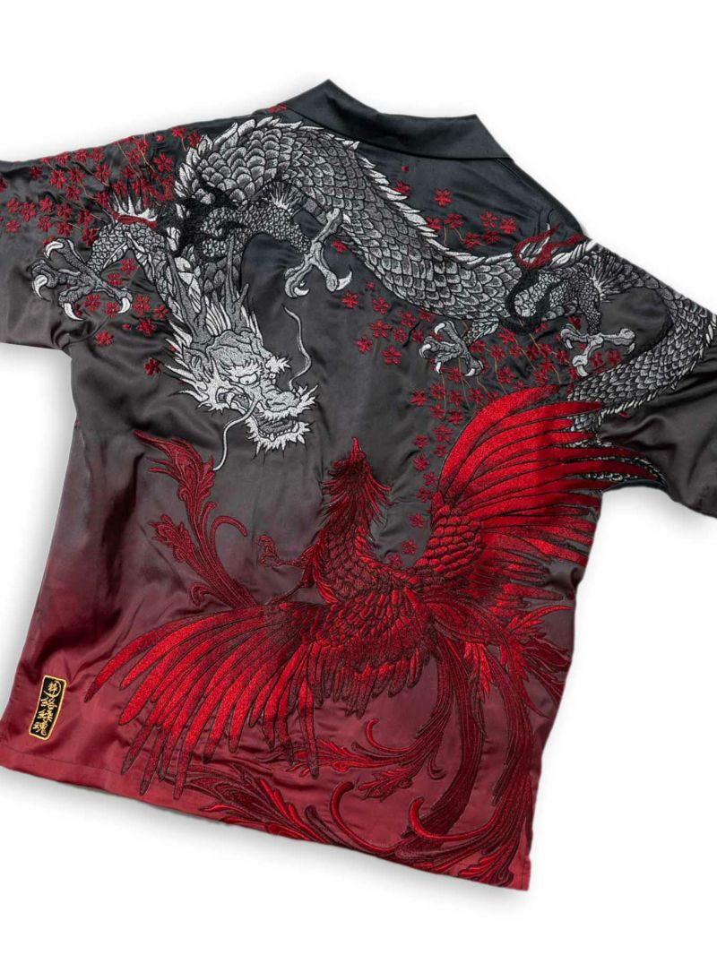 【絡繰魂・粋】“龍神VS鳳凰”グラデーションプリント刺繍入りアロハシャツ