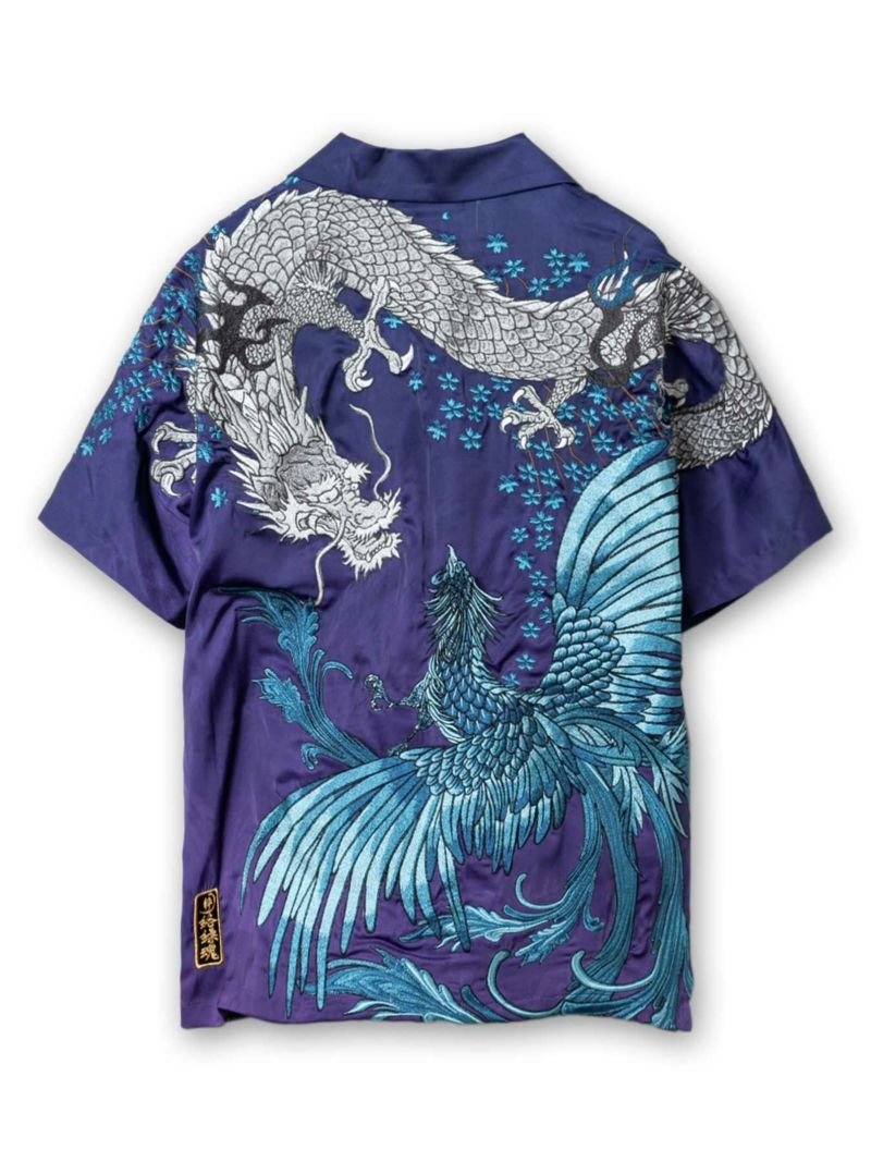 【絡繰魂・粋】“龍神VS鳳凰”グラデーションプリント刺繍入りアロハシャツ