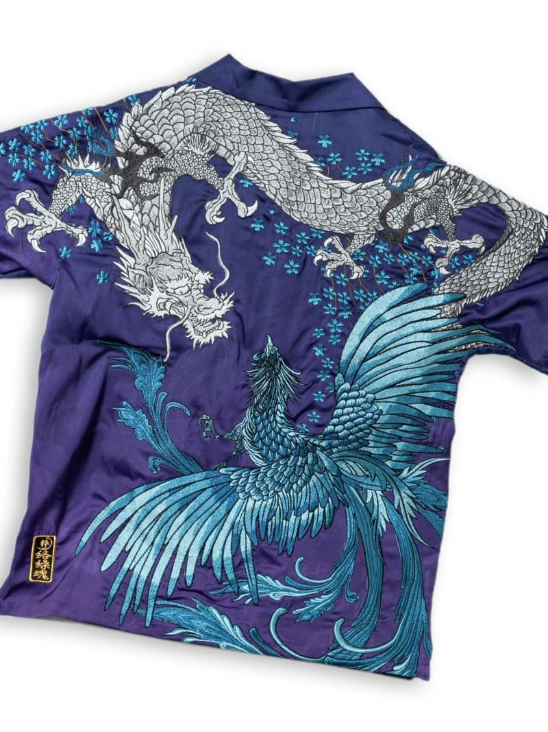 【絡繰魂・粋】“龍神VS鳳凰”グラデーションプリント刺繍入りアロハシャツ
