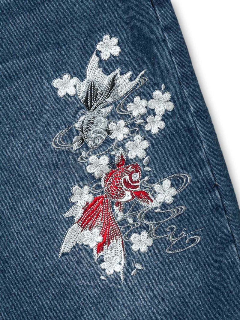 【雅結】金魚桜刺繍 ちりめん切替デニムショーツ
