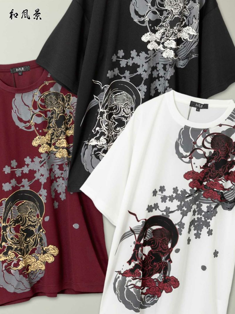 【和風景】“風神雷神と桜”プリントDRY素材Tシャツ