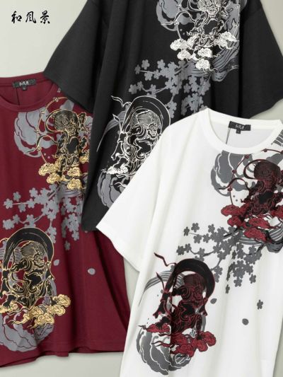 【和風景】<br>“風神雷神と桜”プリントDRY素材Tシャツ≪返品・取寄対応不可≫