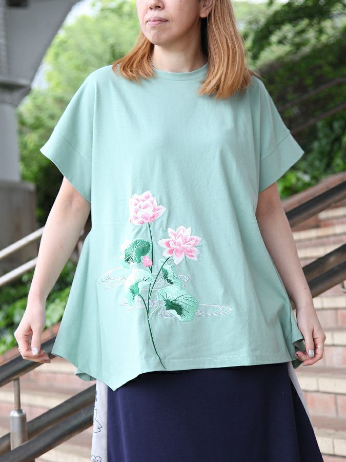 【雅結】“蓮と流水”総刺繍 変形Tシャツ