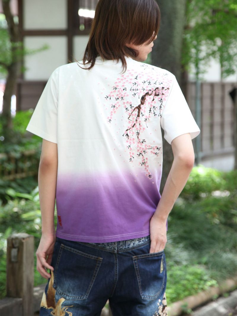 【絡繰魂】“枝垂れ桜”総刺繍 段染めグラデーションTシャツ