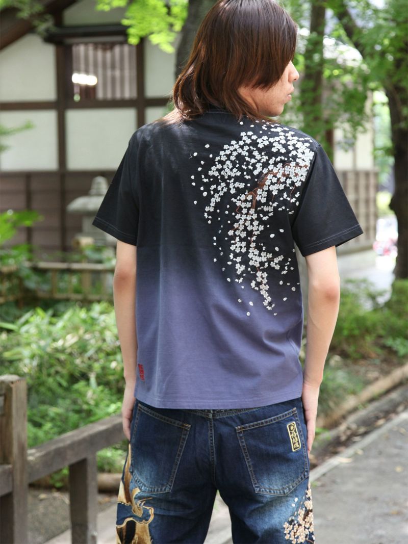 【絡繰魂】“枝垂れ桜”総刺繍 段染めグラデーションTシャツ