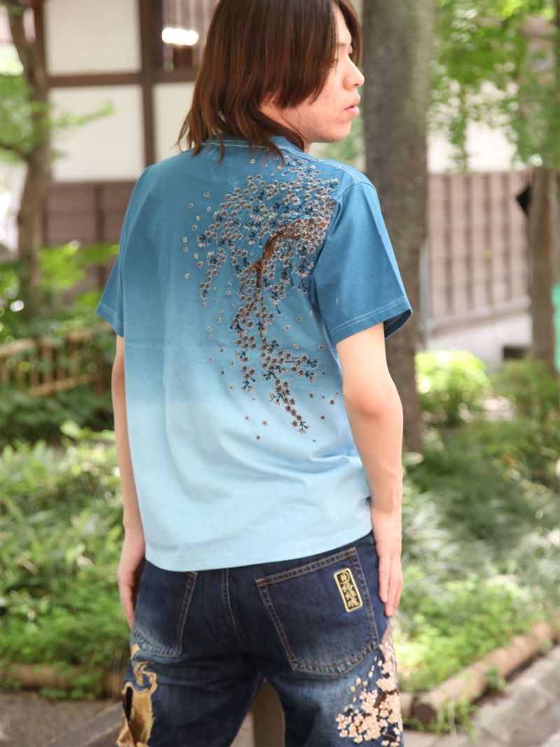 【絡繰魂】“枝垂れ桜”総刺繍 段染めグラデーションTシャツ