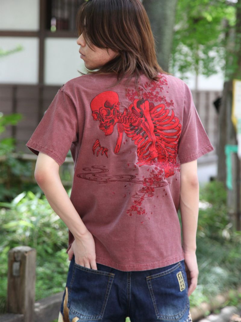 【絡繰魂】“桜がしゃどくろ”総刺繍ピグメント加工Tシャツ