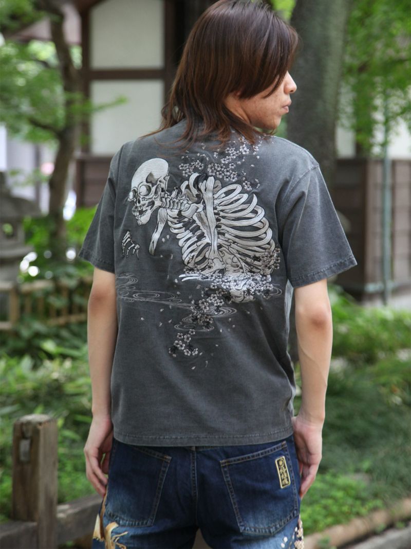 【絡繰魂】“桜がしゃどくろ”総刺繍ピグメント加工Tシャツ