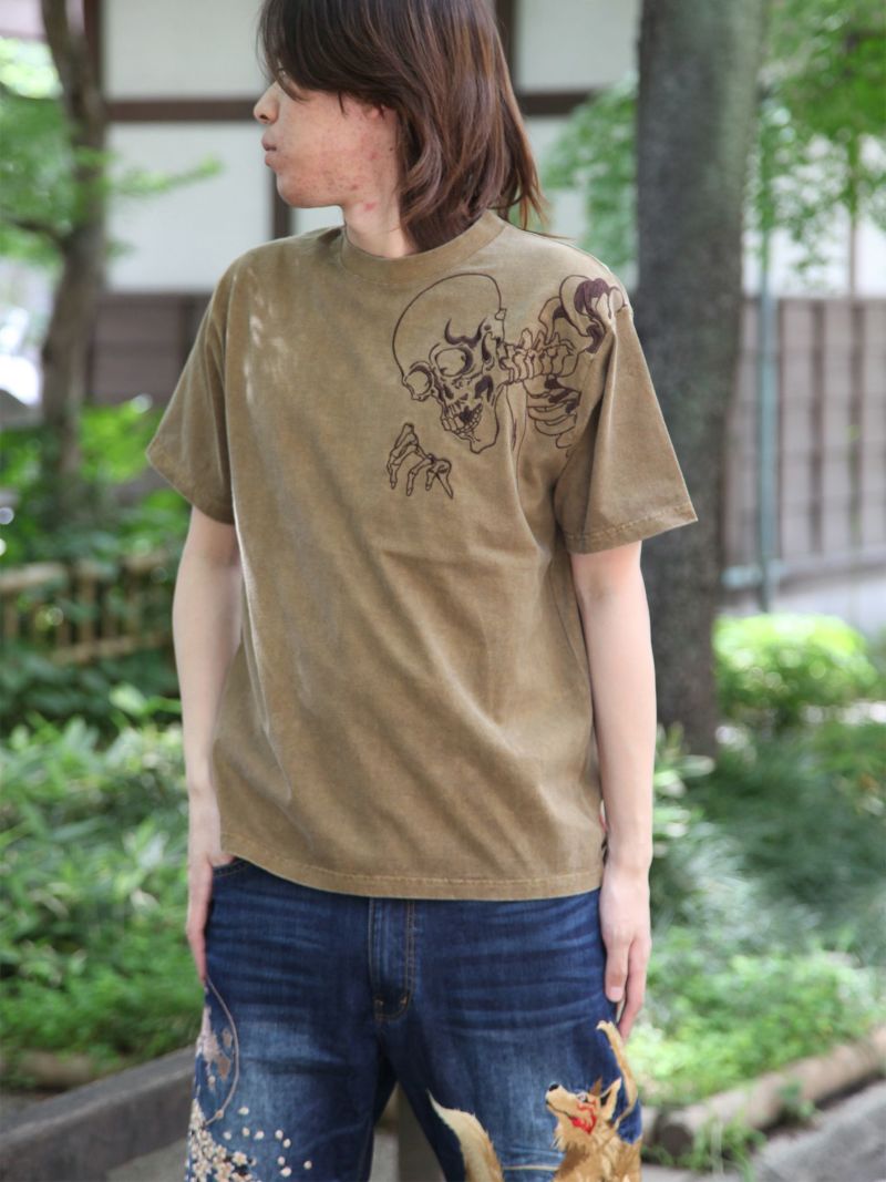 【絡繰魂】“桜がしゃどくろ”総刺繍ピグメント加工Tシャツ