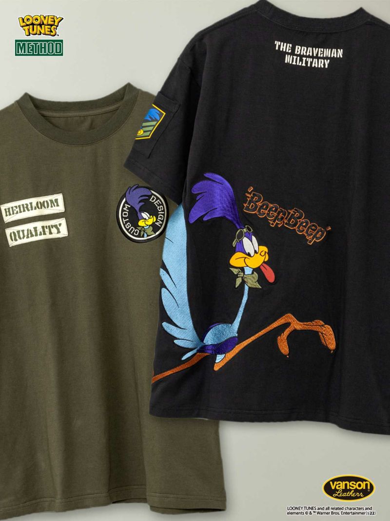 ＜タイムセール＞≪20%OFF≫【The BRAVE-MAN×LOONEY TUNES】“ロードランナー”刺繍入りミリタリーTシャツ〔別注〕≪返品・取寄対応不可≫