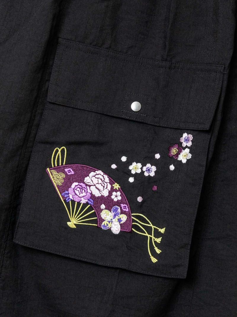 【雅結】扇と桜刺繍 ワイドカーゴパンツ