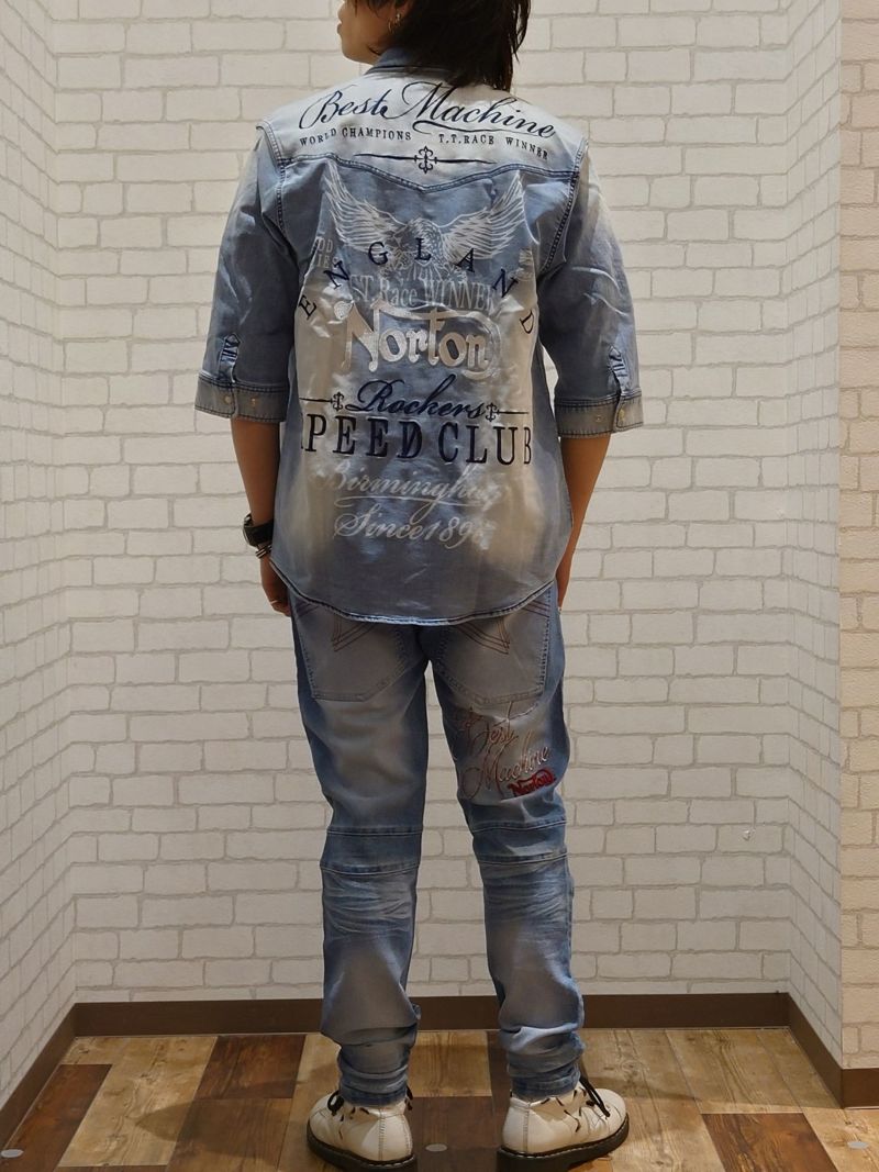 【Norton】ストレッチ ステッチカラー6分袖デニムシャツ