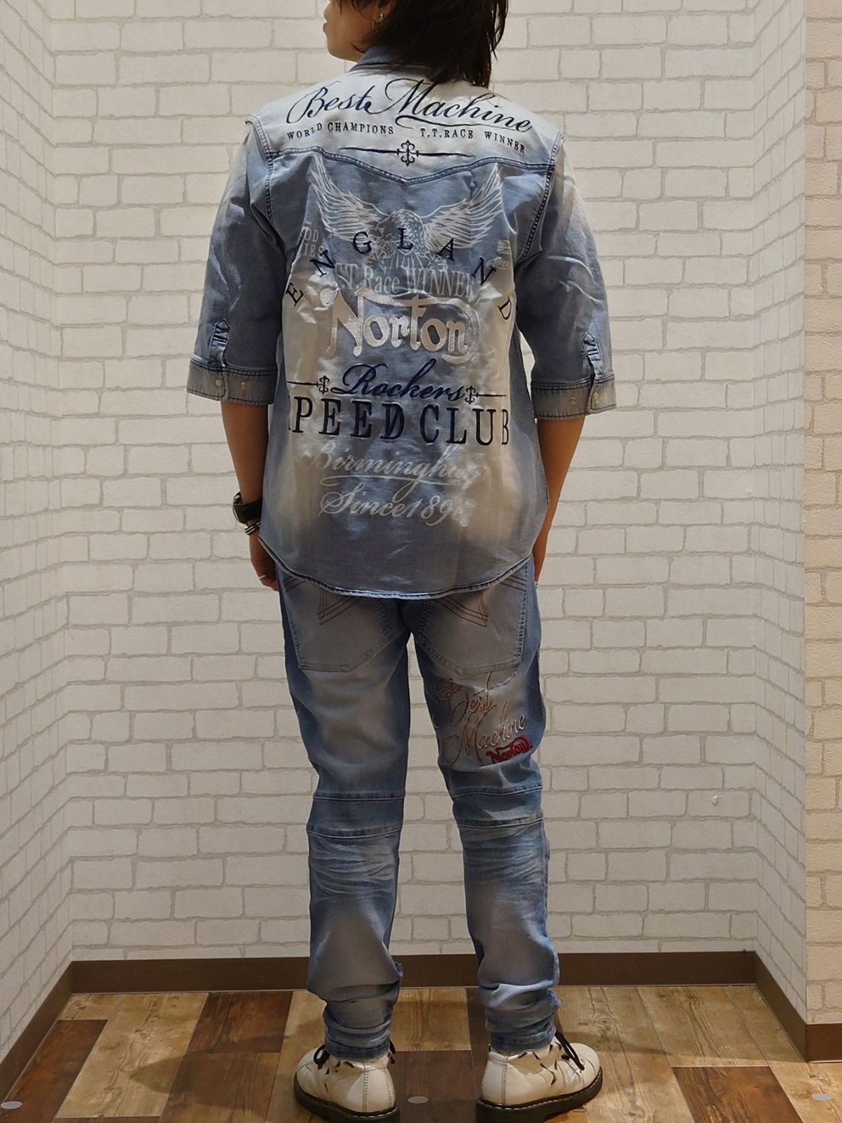 【Norton】ストレッチ ステッチカラー6分袖デニムシャツ