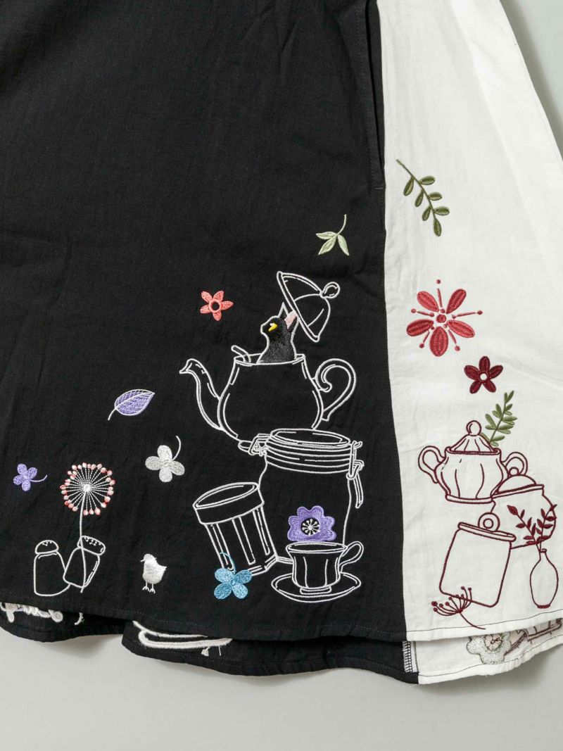 【LiN】“食器に隠れる猫とネズミ”総刺繍ロングシャツコート