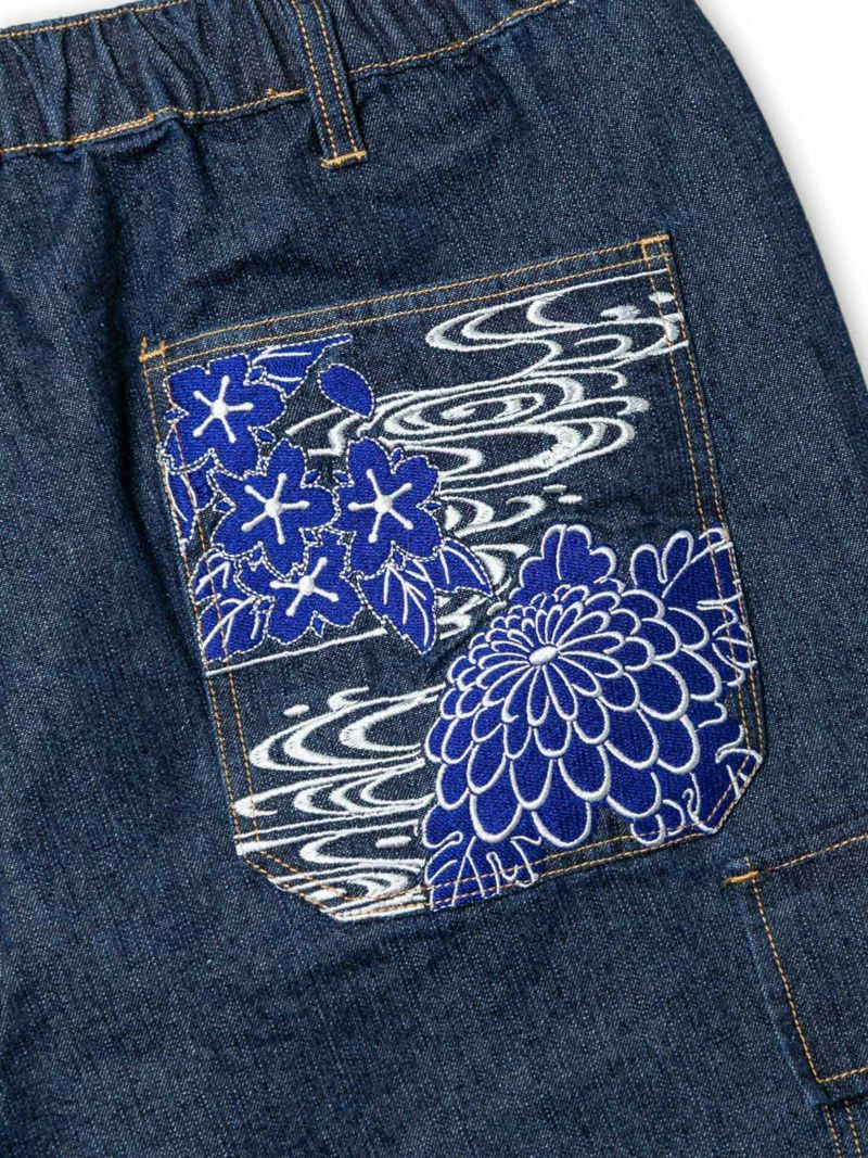 【雅結】菊と桜流水刺繍デニムカーゴパンツ