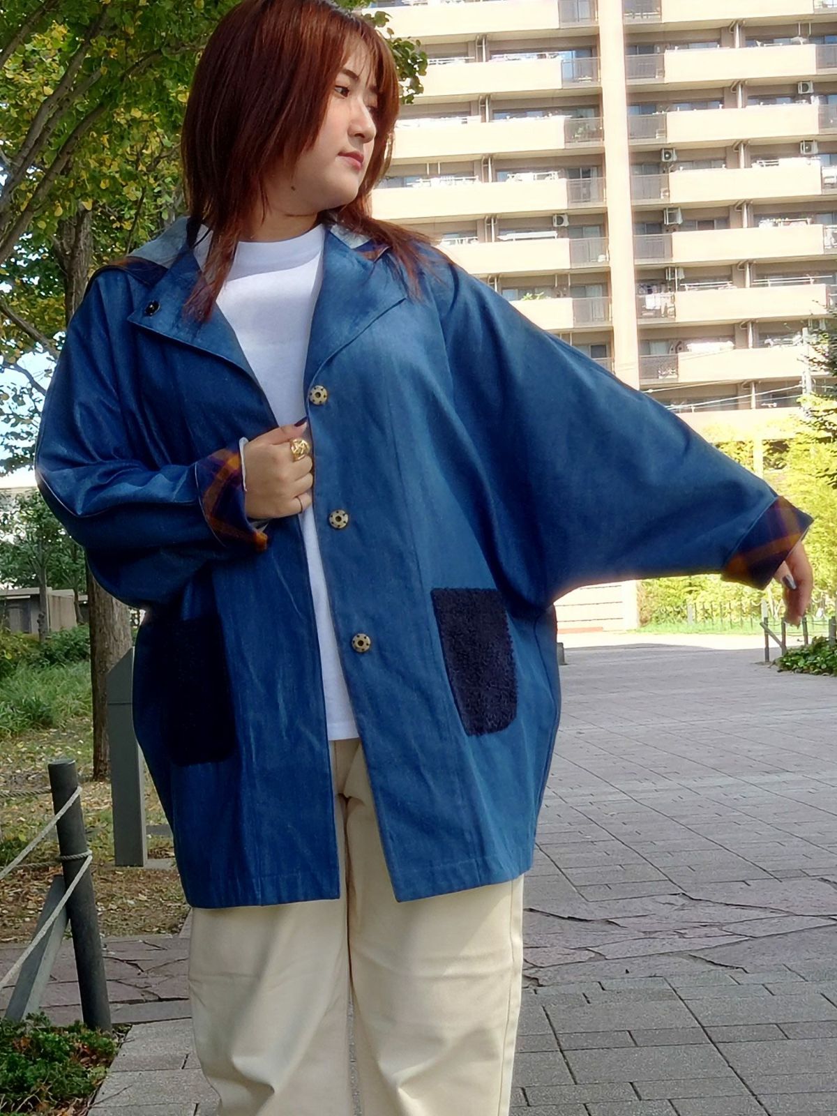 チェック切替 恐竜デニムジャケット