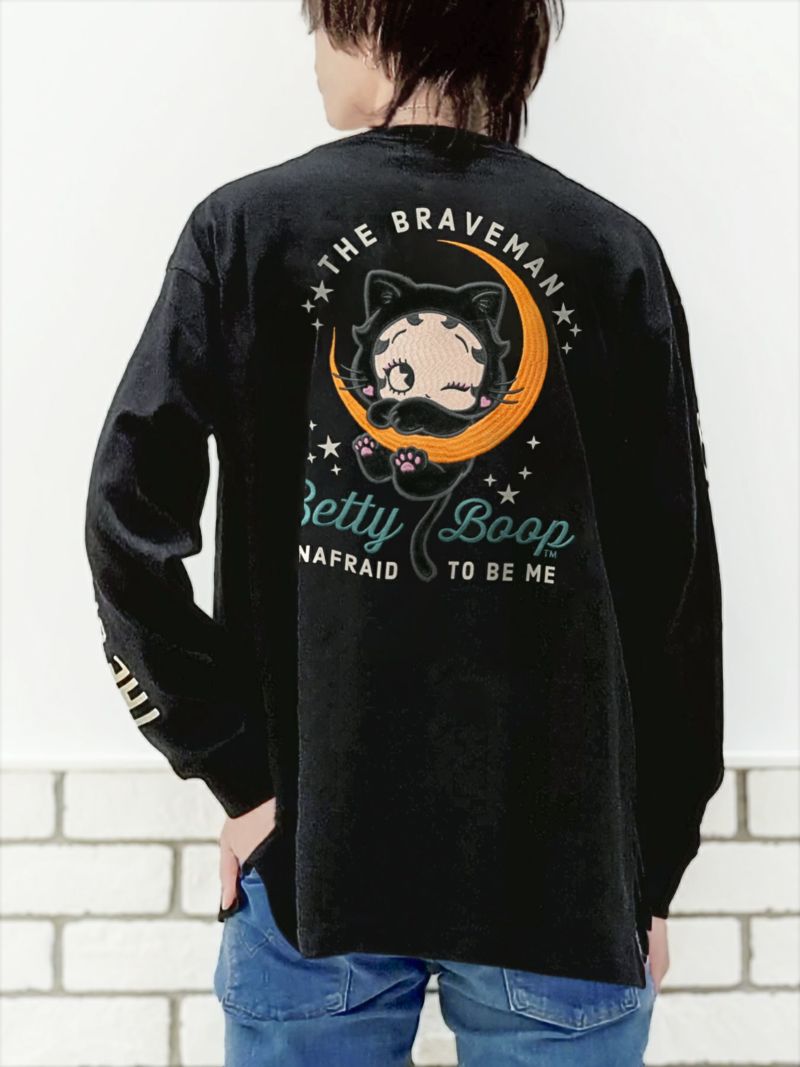 【The BRAVE-MAN×BETTY BOOP】“黒猫ベティ”刺繍入りBIGシルエット ロンT〔別注〕