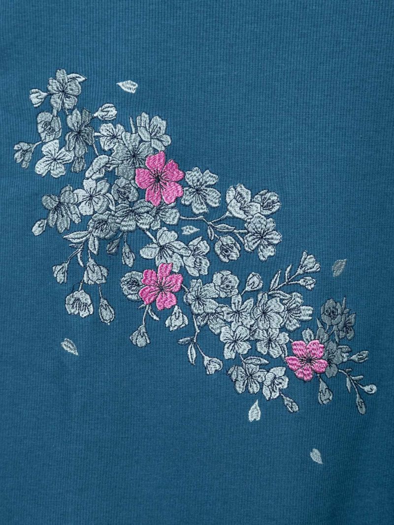 【雅結】桜刺繍 テレコ素材VネックロンT