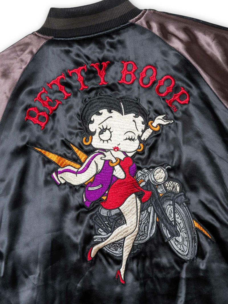 【The BRAVE-MAN×BETTY BOOP】“バイク/黒猫ベイビーベティ”総刺繍スカジャン×ファー 2WAYジャケット〔別注〕