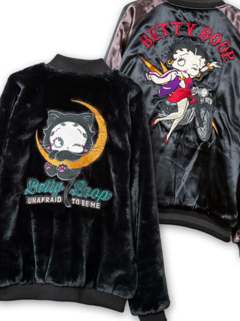 【The BRAVE-MAN×BETTY BOOP】“バイク/黒猫ベイビーベティ”総刺繍スカジャン×ファー 2WAYジャケット〔別注〕